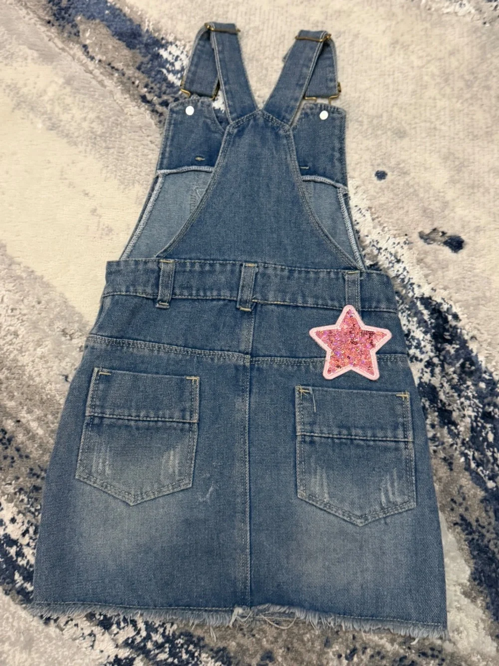 Girls Denim Overall Dress Size 100 Approx 3T-4T Star Patches Distressed